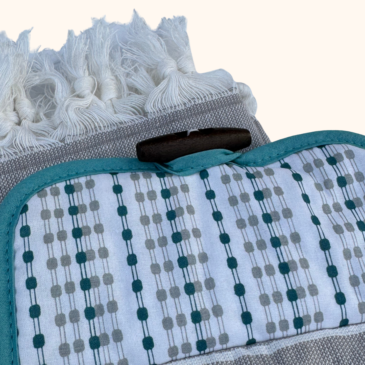 Aqua and Gray Striped Hanging Kitchen Hand Towel | Extra Long Turkish Towel with Wooden Button Closure