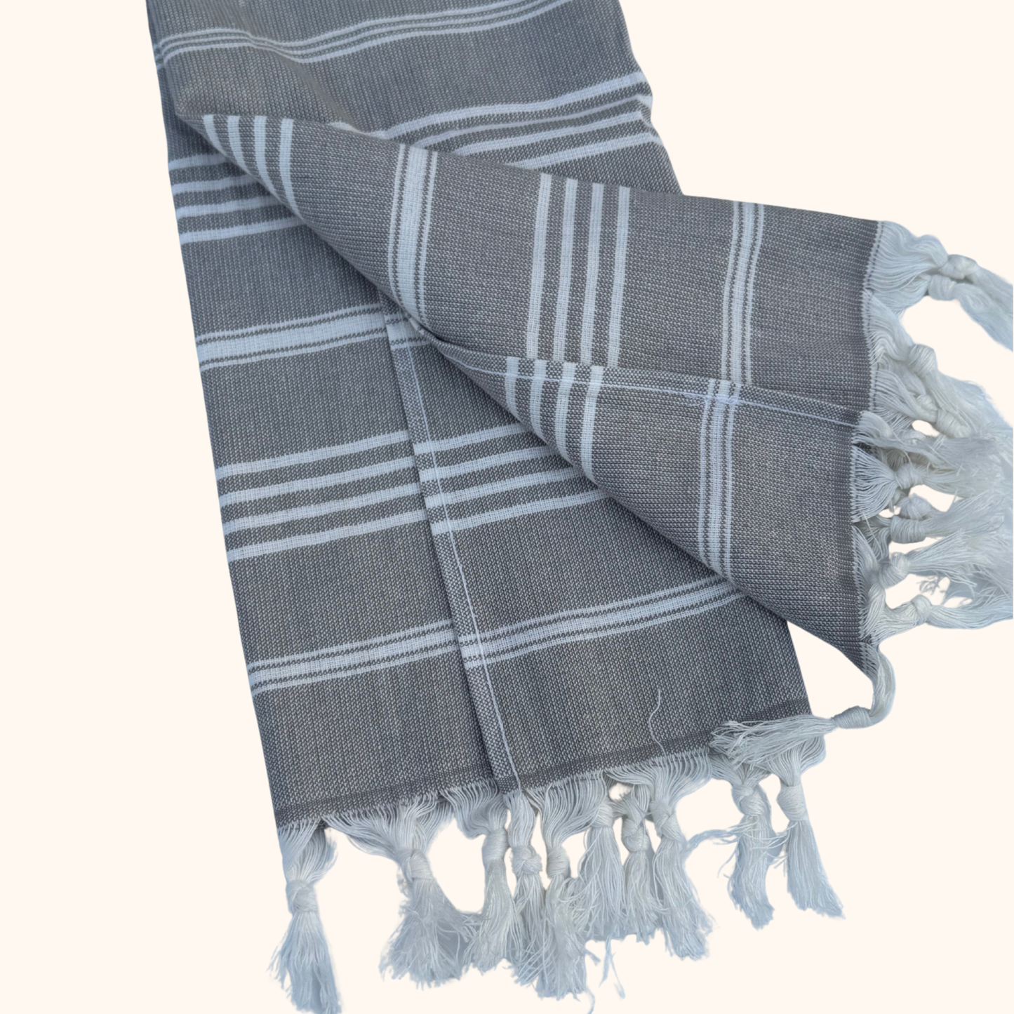 Aqua and Gray Striped Hanging Kitchen Hand Towel | Extra Long Turkish Towel with Wooden Button Closure
