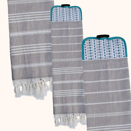Aqua and Gray Striped Hanging Kitchen Hand Towel | Extra Long Turkish Towel with Wooden Button Closure