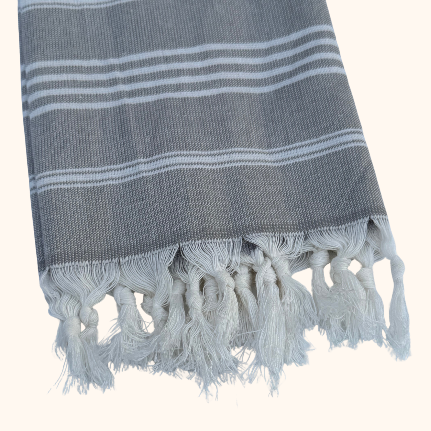 Aqua and Gray Striped Hanging Kitchen Hand Towel | Extra Long Turkish Towel with Wooden Button Closure