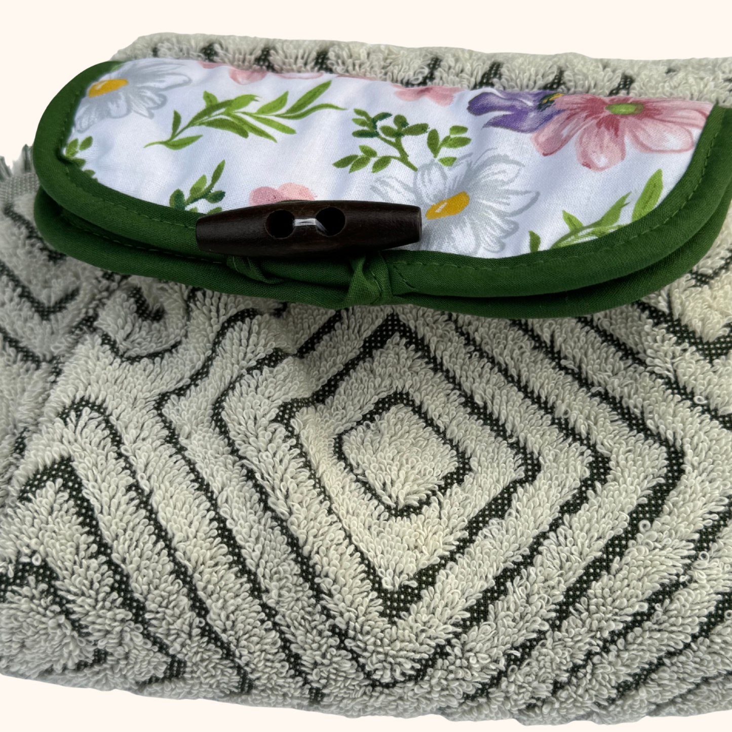 Hanging Kitchen Hand Towel with Button – Dark Green and Spring Floral – Absorbent Oven Door Towel