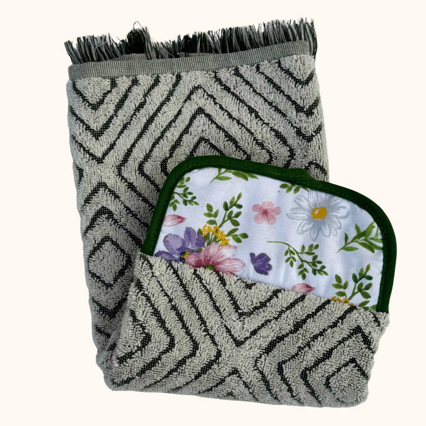 Hanging Kitchen Hand Towel with Button – Dark Green and Spring Floral – Absorbent Oven Door Towel
