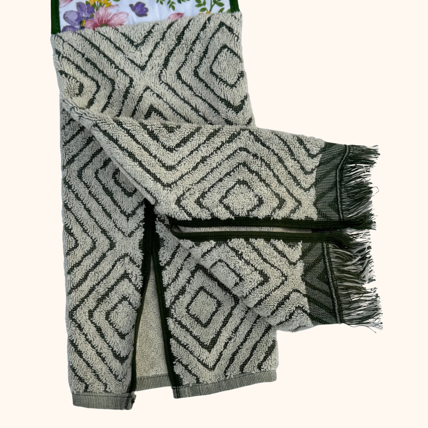 Hanging Kitchen Hand Towel with Button – Dark Green and Spring Floral – Absorbent Oven Door Towel