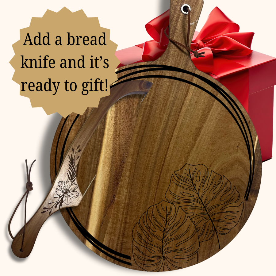Lush Grove Personalized Acacia Wood Cutting Board – Tropical Leaves-Engraved Design | 13.6” or 16” Charcuterie & Bread Board for Wedding Gift