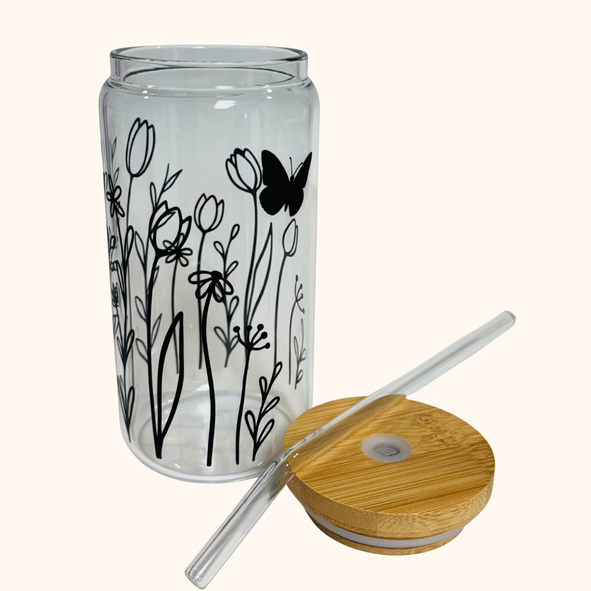 Garden Flutter – 16 oz Glass Iced Coffee Tumbler | Floral Matcha Cup