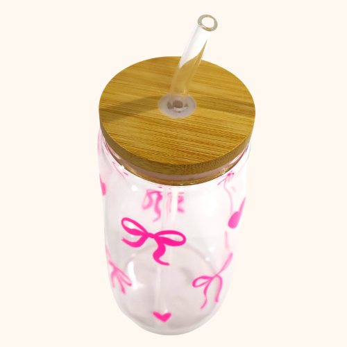 Coquette Bow Glass Tumbler with Bamboo Lid & Glass Straw – 16 oz Reusable Cup with Pink Bows and Hearts