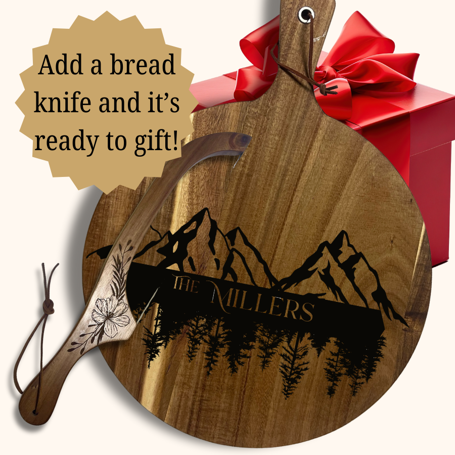 Alpine Echo Personalized Acacia Wood Cutting Board – Laser-Engraved Mountain & Pine Design | 13.6” or 16” Charcuterie & Bread Board