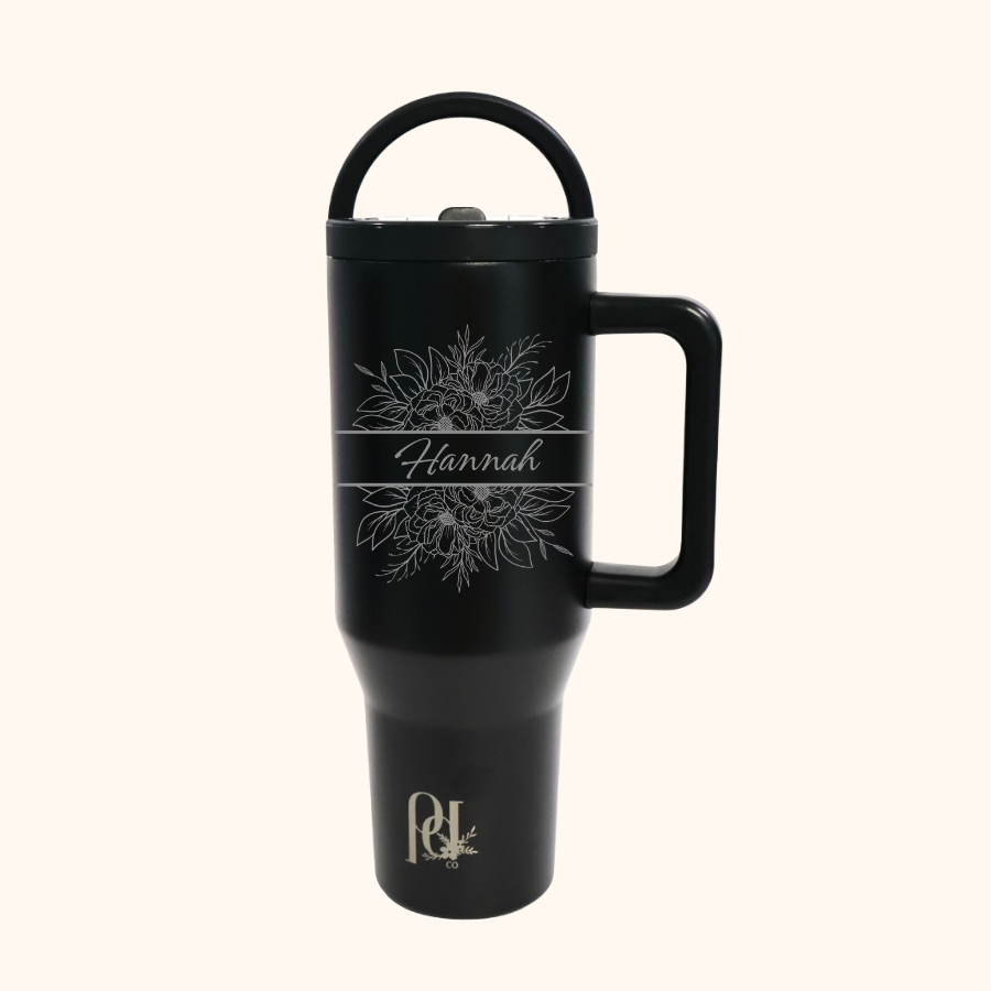 Bloom Name | Personalized Floral Hydra Hauler | 40 oz Laser Engraved Floral Tumbler with Name | Leakproof Dual Handle Water Cup