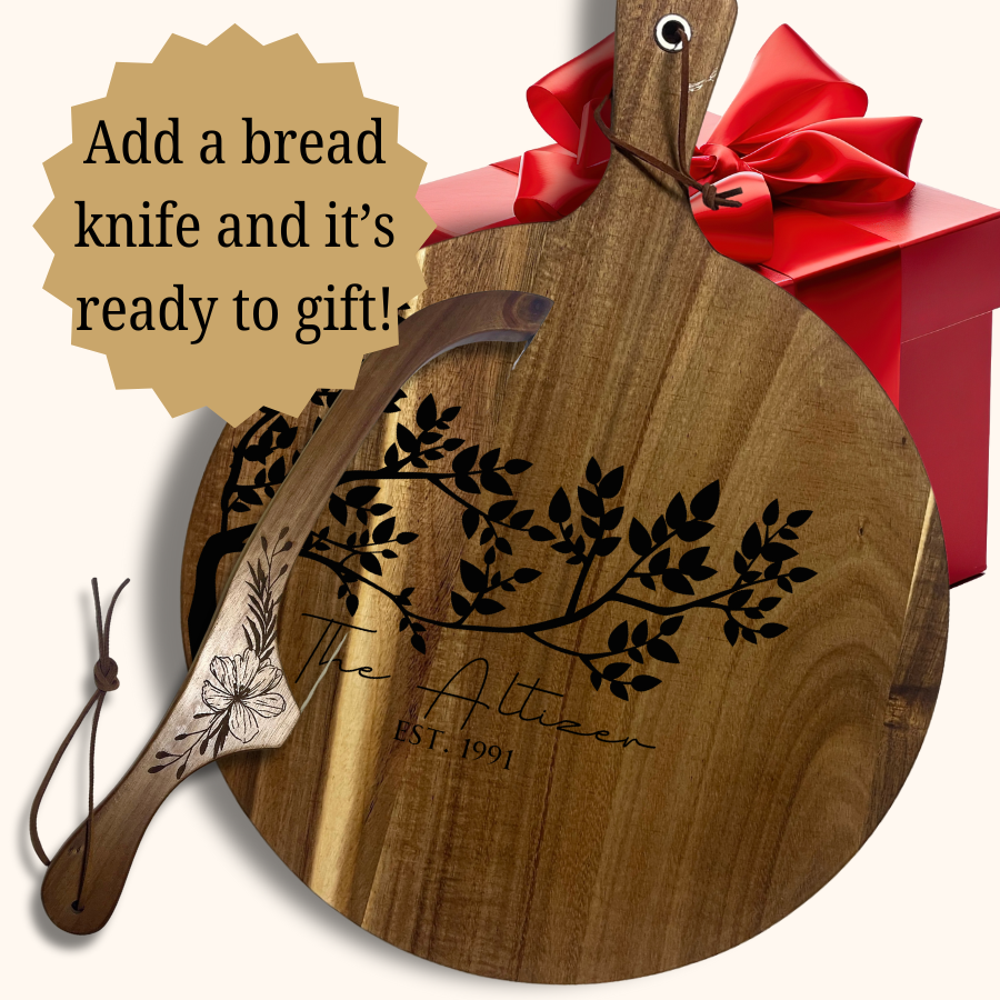 Rooted Legacy Personalized Acacia Wood Cutting Board – Laser-Engraved Name and Family Tree Design | 13.6” or 16” Charcuterie & Bread Board