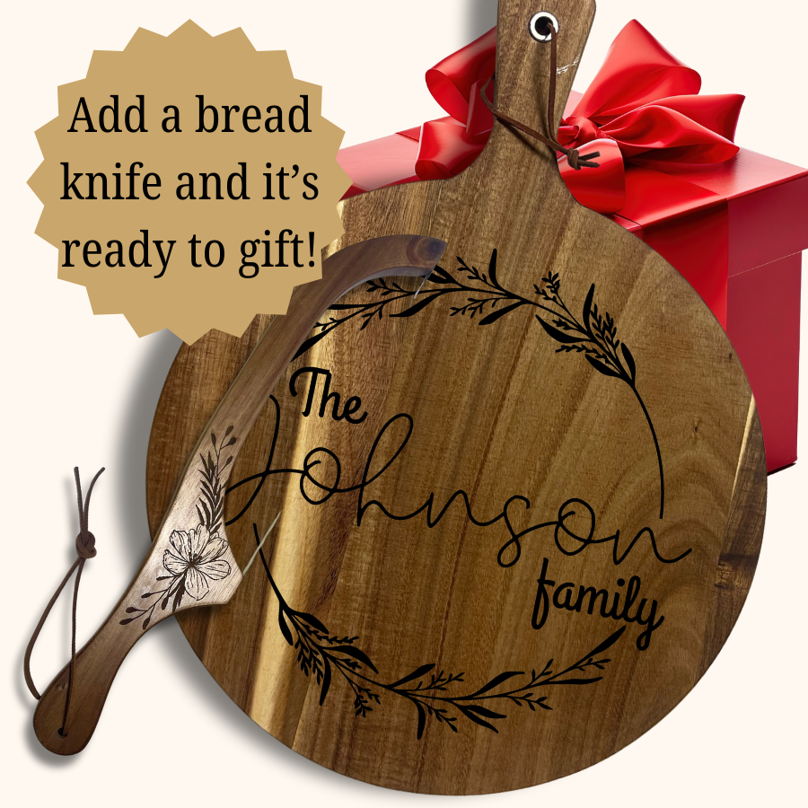 Family Wreath Personalized Acacia Wood Cutting Board – Laser-Engraved Name Design | 13.6” or 16” Charcuterie & Bread Board