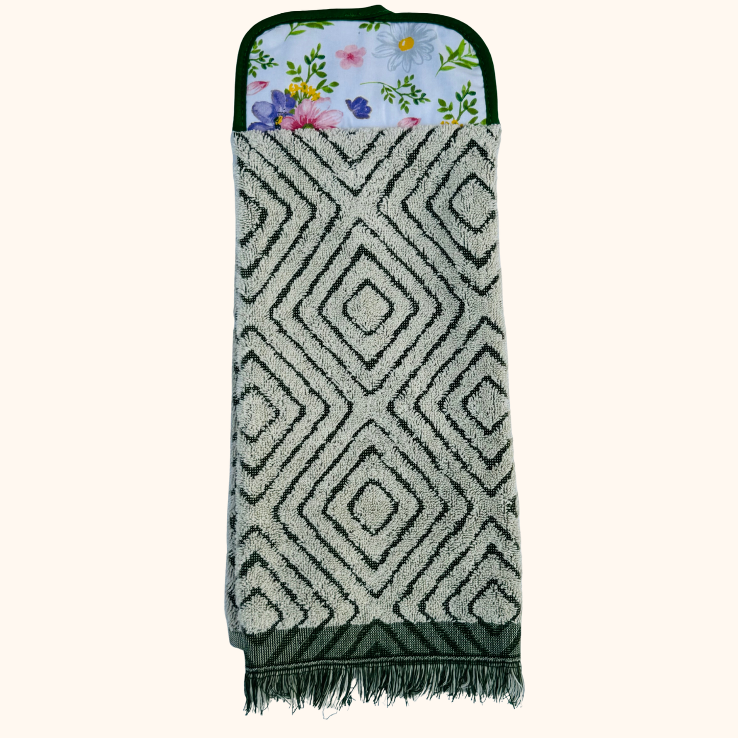 Hanging Kitchen Hand Towel with Button – Dark Green and Spring Floral – Absorbent Oven Door Towel