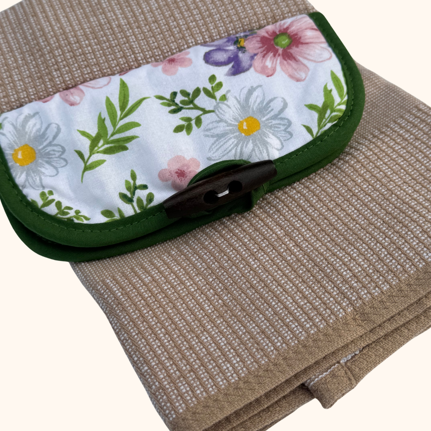 Hanging Kitchen Hand Towel with Button – Brown and Spring Floral – Absorbent Oven Door Towel