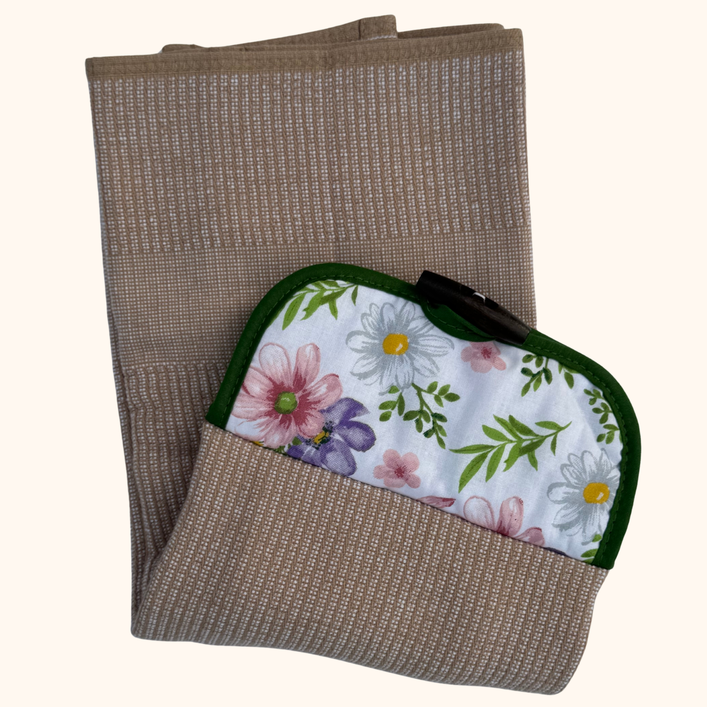 Hanging Kitchen Hand Towel with Button – Brown and Spring Floral – Absorbent Oven Door Towel