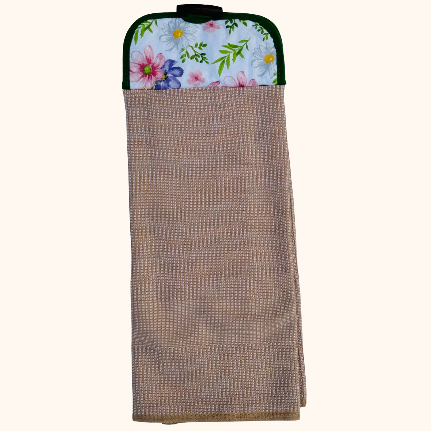 Hanging Kitchen Hand Towel with Button – Brown and Spring Floral – Absorbent Oven Door Towel