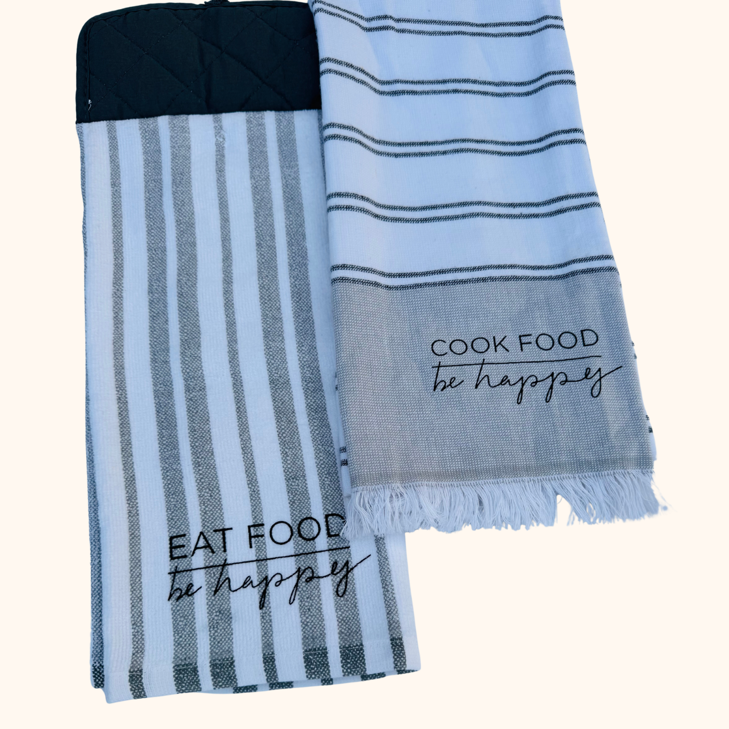 Hanging Kitchen Hand Towel Set with Button – Gray Striped Set – Absorbent Oven Door Towel