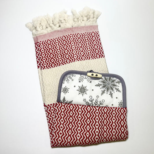 Sparkly Snowflake Red Turkish Towel, Hanging Kitchen Hand Towel With Fringe