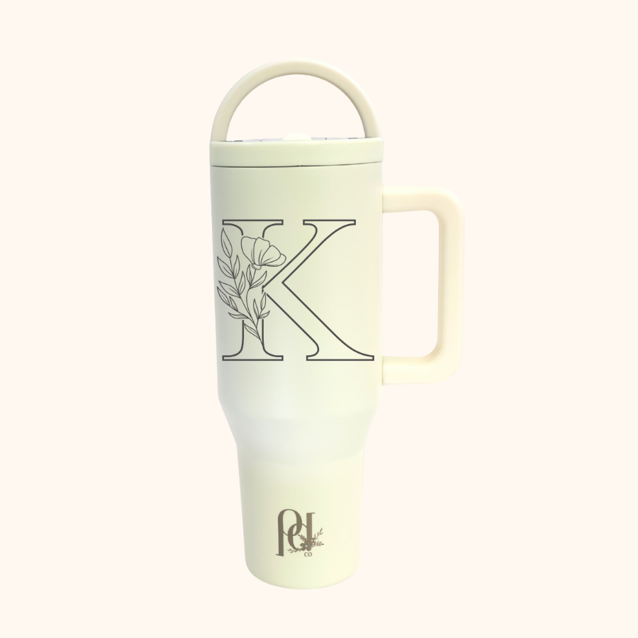 Personalized Floral Monogram Hydra Hauler – 40 oz Leakproof Stainless Steel Tumbler with Dual Handles & Flip Straw | Laser Engraved Florals