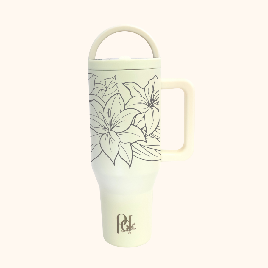 Everlasting Lily Hydra Hauler – 40 oz Full Wrap Lily Floral Laser Engraved Tumbler | Leakproof Dual Handle Cup