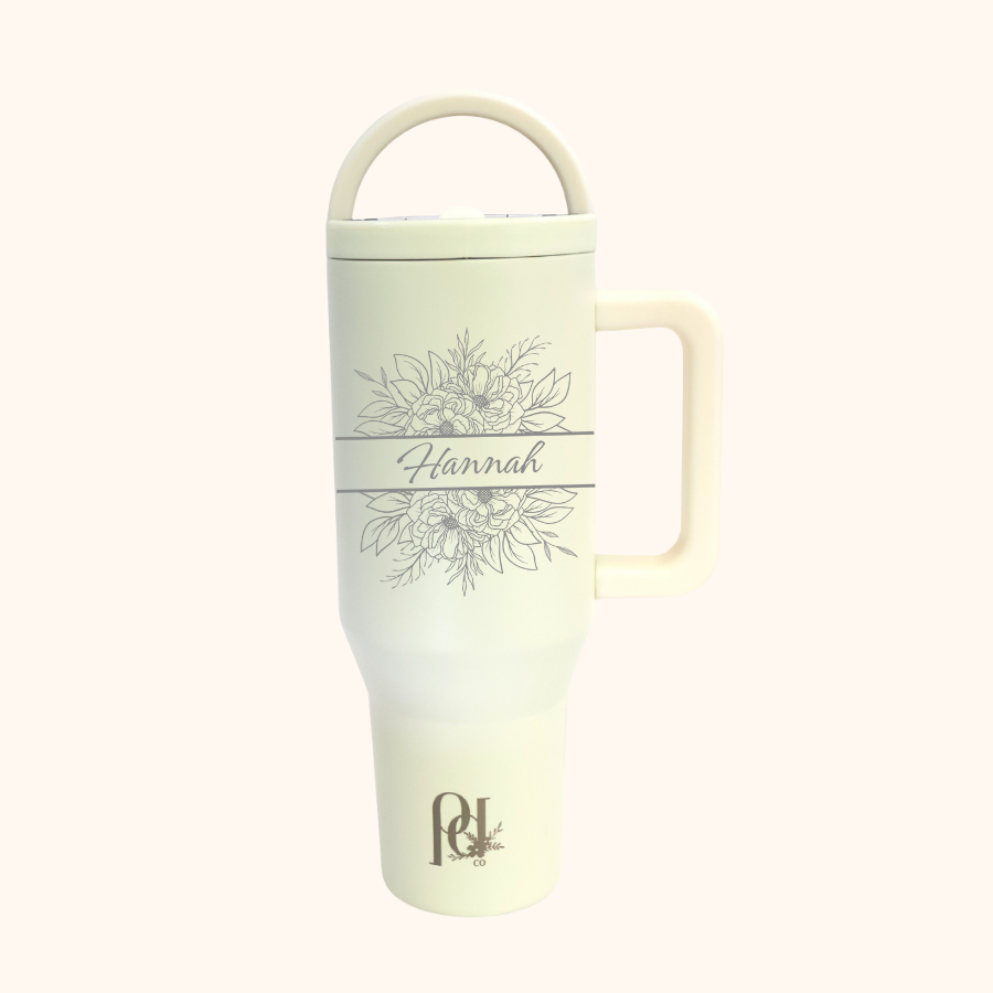 Bloom Name | Personalized Floral Hydra Hauler | 40 oz Laser Engraved Floral Tumbler with Name | Leakproof Dual Handle Water Cup