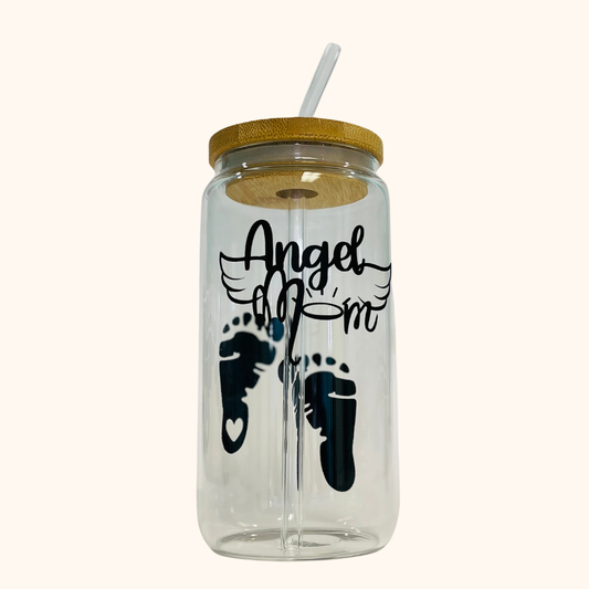 Baby Footprints Angel Mom 16 oz Glass Tumbler, Pregnancy and Infant Loss Remembrance
