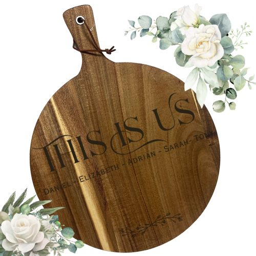 Personalized Wooden Cutting Boards, Unique Acacia Wood Round Cutting Board with Handle