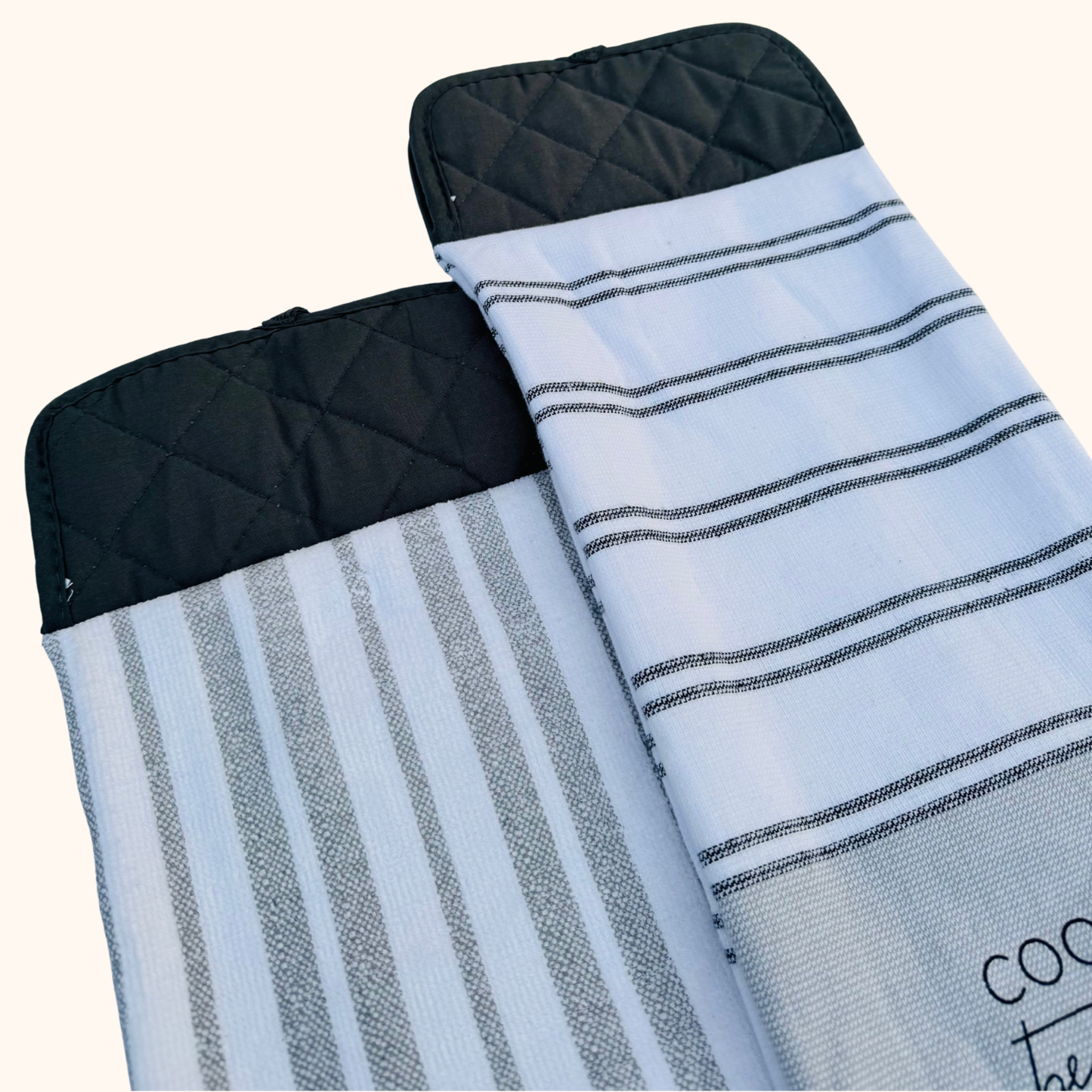 Hanging Kitchen Hand Towel Set with Button – Gray Striped Set – Absorbent Oven Door Towel