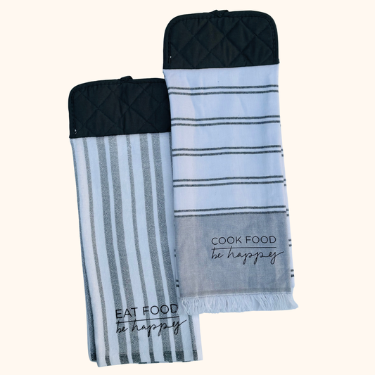 Hanging Kitchen Hand Towel Set with Button – Gray Striped Set – Absorbent Oven Door Towel