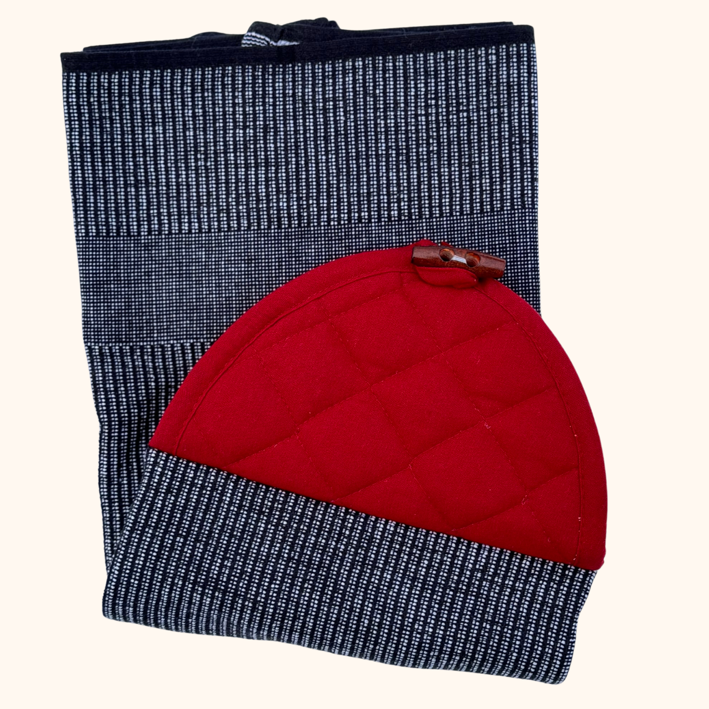Hanging Kitchen Hand Towel Set with Button – Black and Red – Absorbent Oven Door Towel