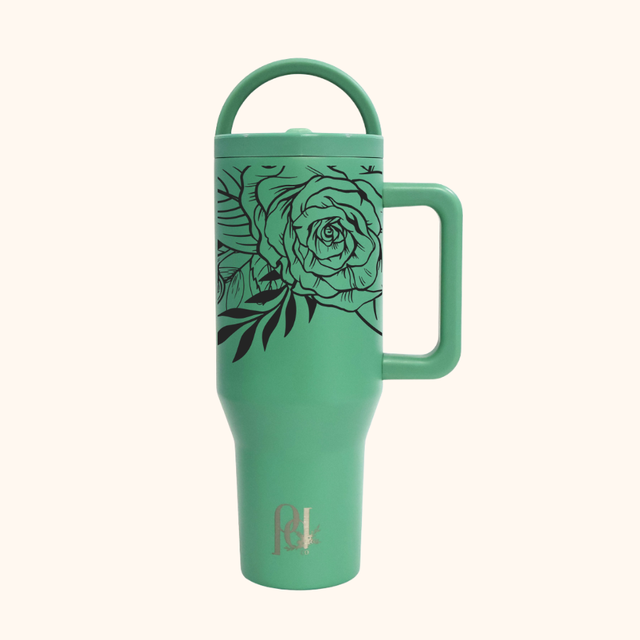 Heirloom Rose Hydra Hauler – 40 oz Laser Engraved Rose Floral Tumbler | Leakproof Dual Handle Stainless Steel Cup