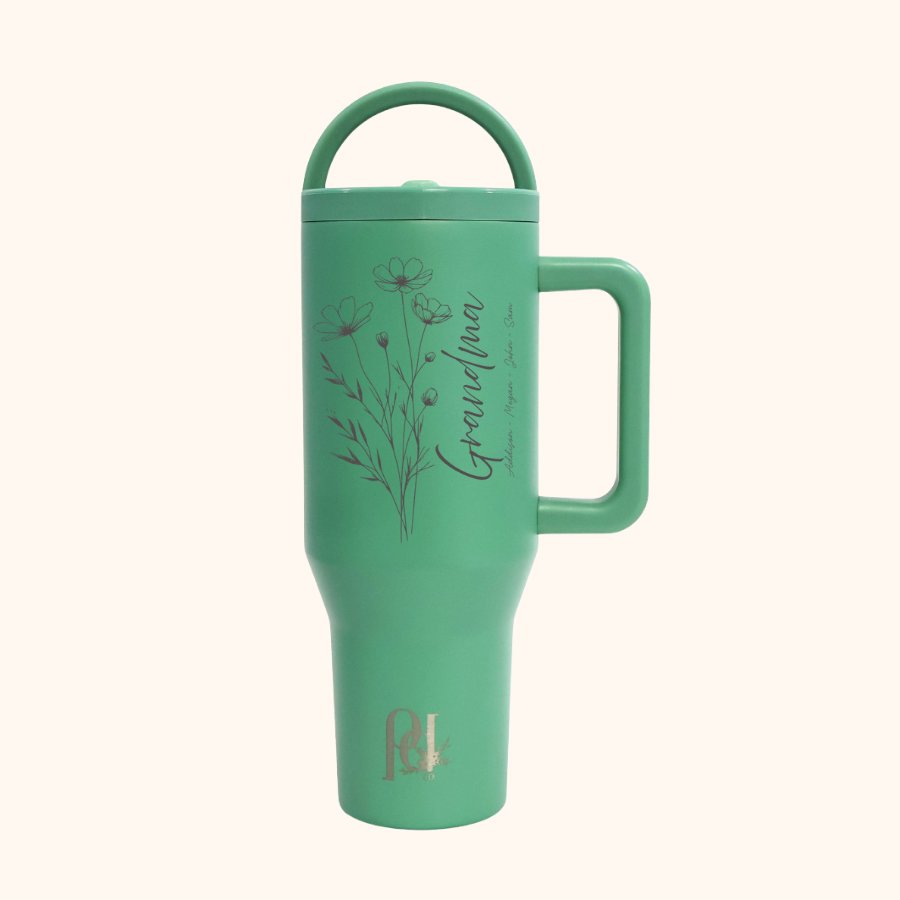 Rooted Love Personalized Mom/Grandma Tumbler – 40 oz Laser Engraved Floral Hydra Hauler with Children or Grandchildren Names