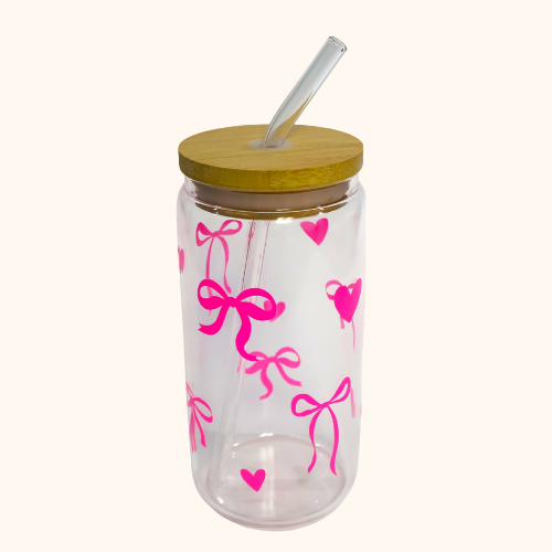 Coquette Bow Glass Tumbler with Bamboo Lid & Glass Straw – 16 oz Reusable Cup with Pink Bows and Hearts