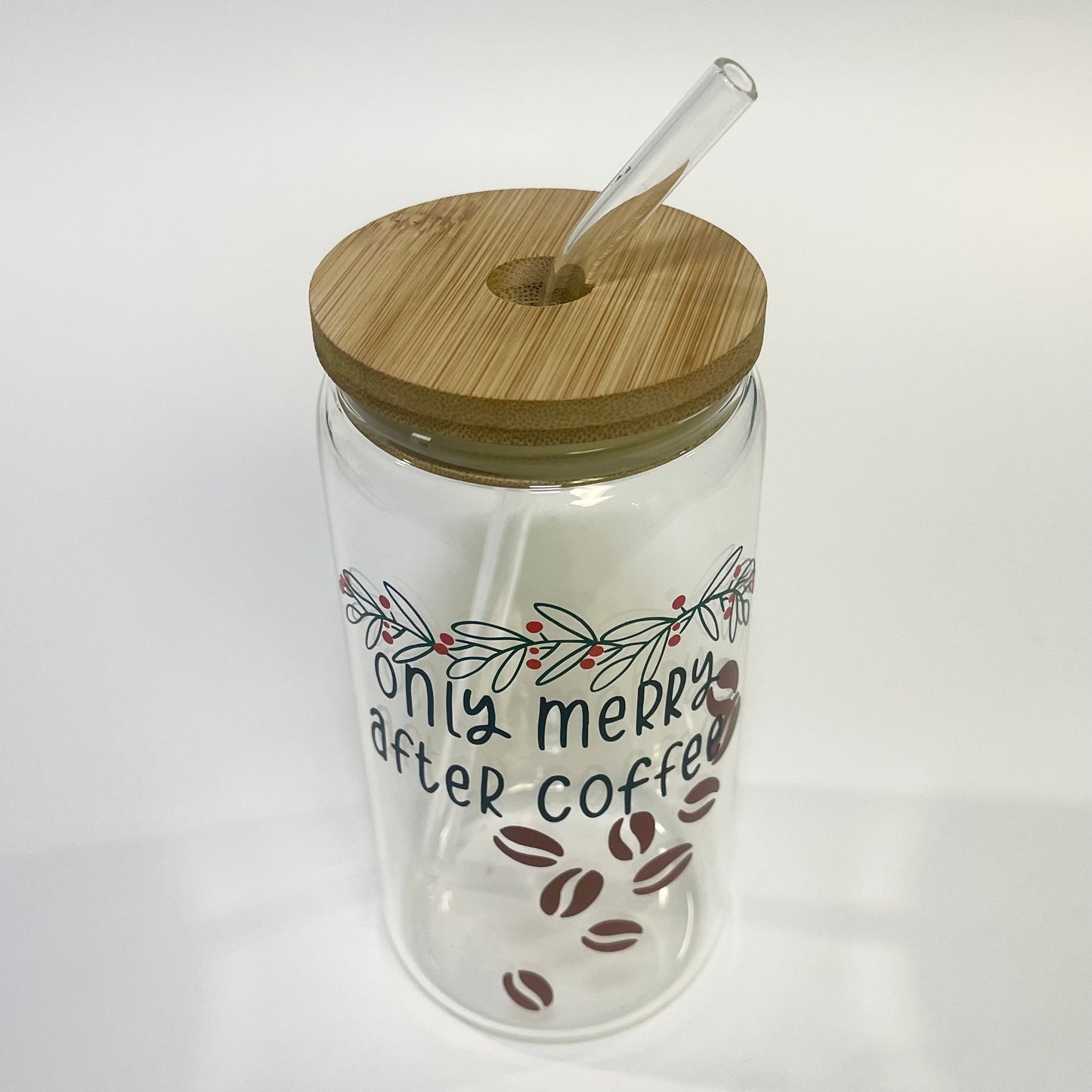 Merry After Coffee 16 oz Glass Tumbler with Bamboo Lid and Glass Straw, Christmas Tumbler For Gifts