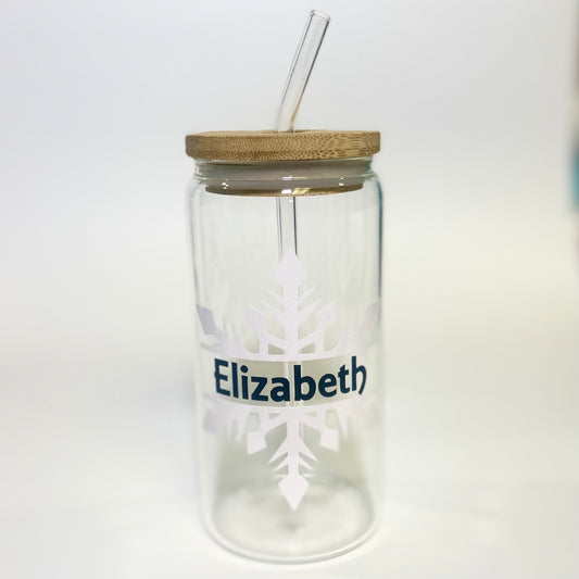 Personalized Snowflake 16 oz Glass Tumbler with Bamboo Lid and Glass Straw, Christmas Tumbler For Gifts (Copy)