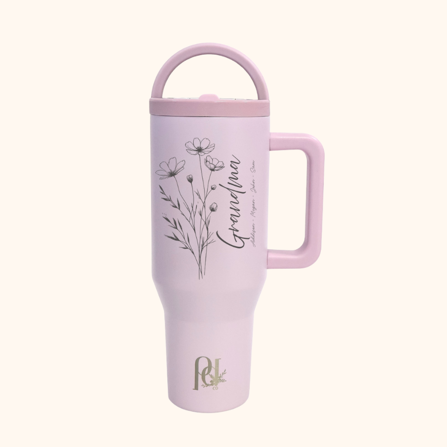 Rooted Love Personalized Mom/Grandma Tumbler – 40 oz Laser Engraved Floral Hydra Hauler with Children or Grandchildren Names