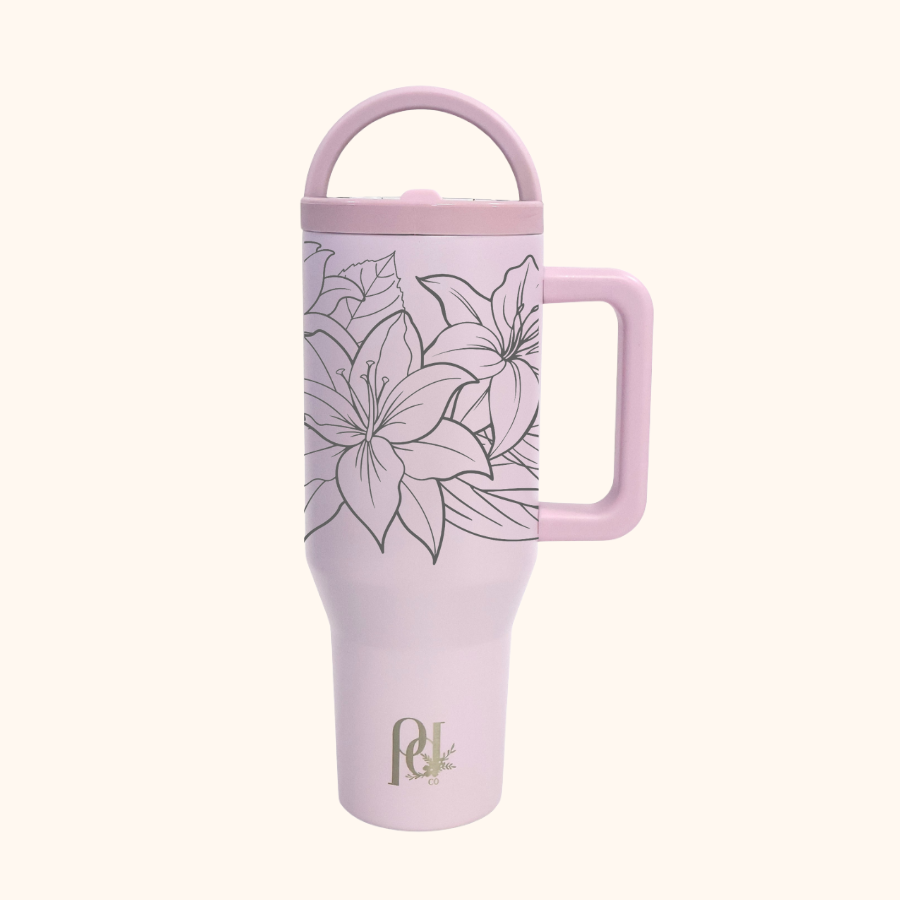 Everlasting Lily Hydra Hauler – 40 oz Full Wrap Lily Floral Laser Engraved Tumbler | Leakproof Dual Handle Cup