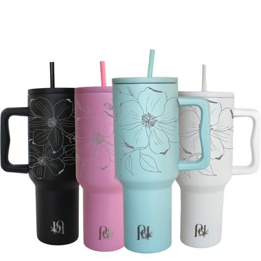 40 oz Water Tumbler Engraved Floral, Sleek Modern Large Tumbler