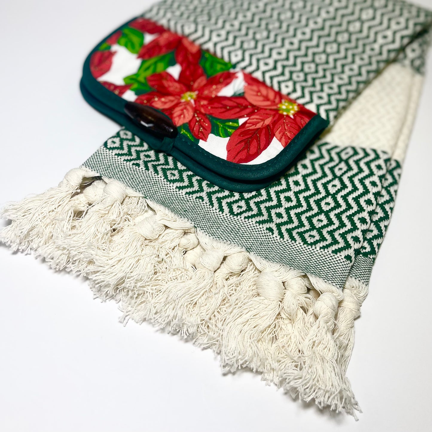 Sparkly Poinsettia Turkish Towel, Hanging Kitchen Hand Towel With Fringe