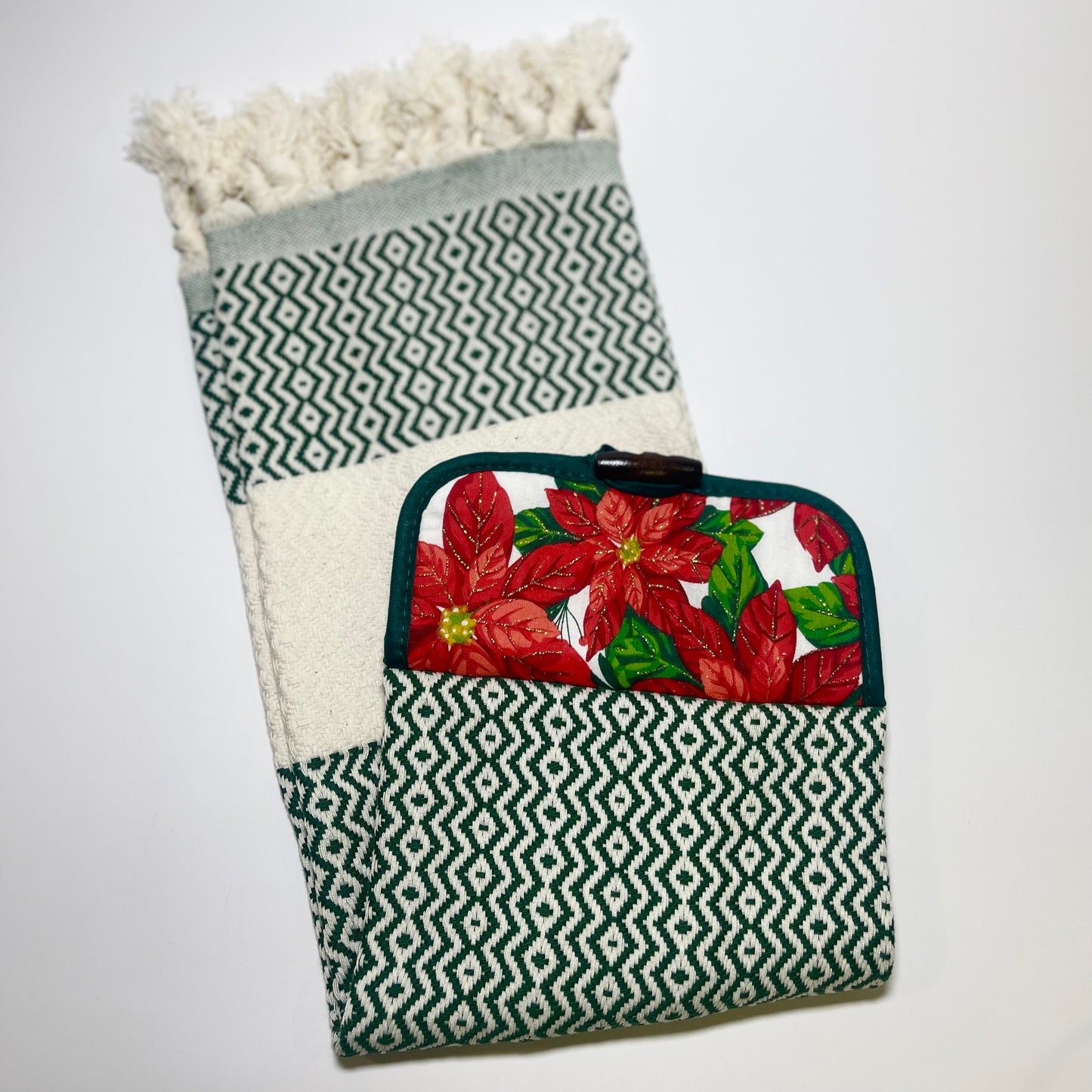 Sparkly Poinsettia Turkish Towel, Hanging Kitchen Hand Towel With Fringe