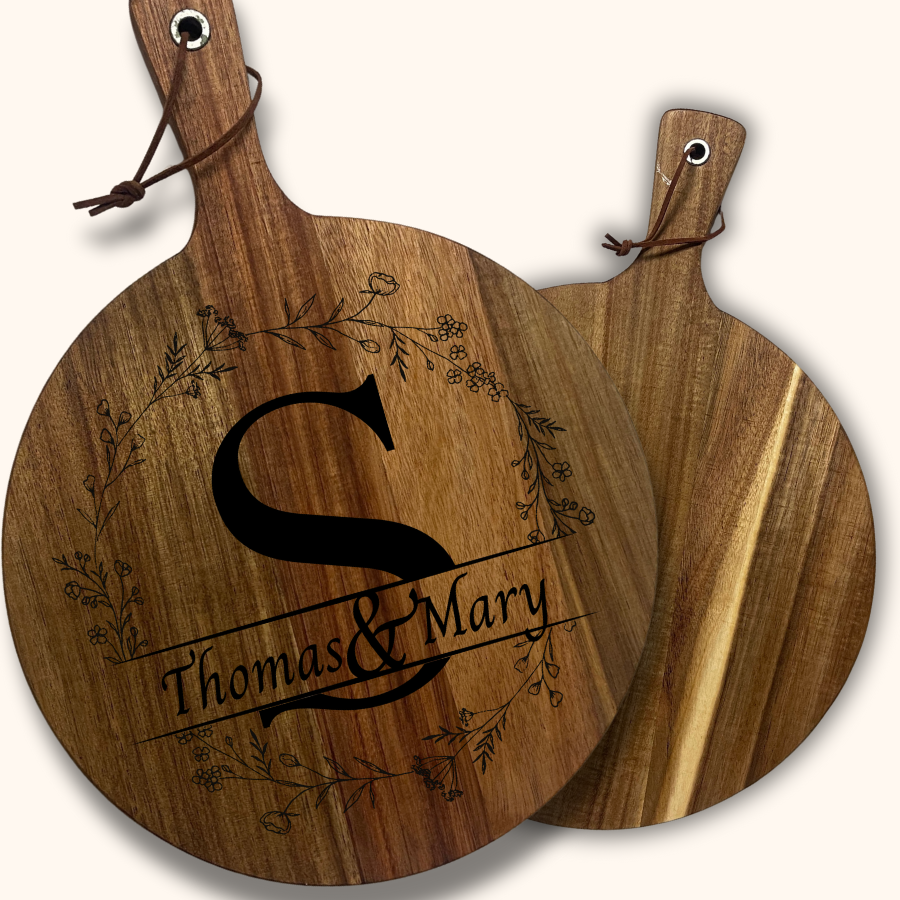 Botanical Crest Personalized Acacia Wood Cutting Board – Laser-Engraved Initial and Names Design | 13.6” or 16” Charcuterie & Bread Board