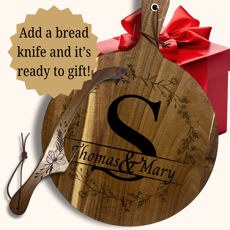 Botanical Crest Personalized Acacia Wood Cutting Board – Laser-Engraved Initial and Names Design | 13.6” or 16” Charcuterie & Bread Board