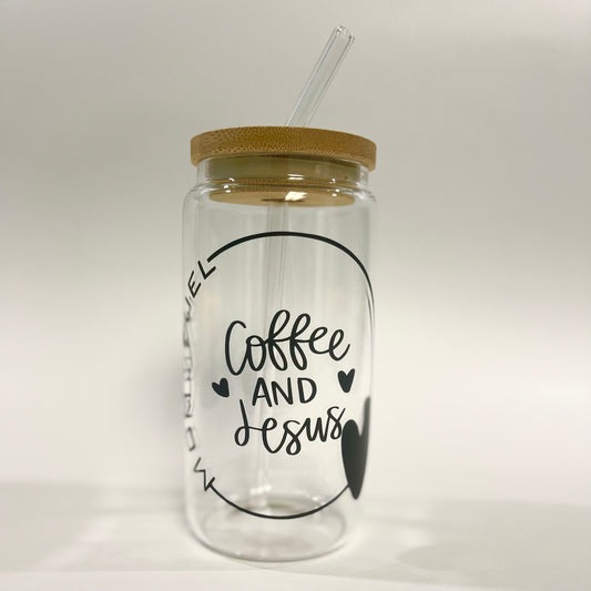 Mom Fuel- Coffee and Jesus 16 oz Glass Tumbler, Bamboo Lid and Glass Straw