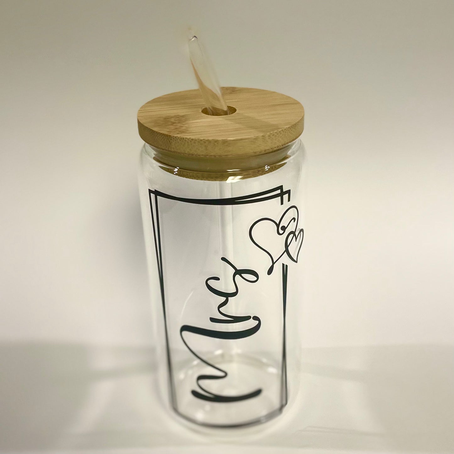 Mr & Mrs 16 oz Glass Tumbler, Bamboo Lid and Glass Straw