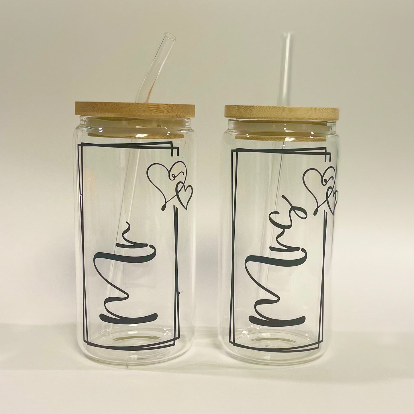 Mr & Mrs 16 oz Glass Tumbler, Bamboo Lid and Glass Straw