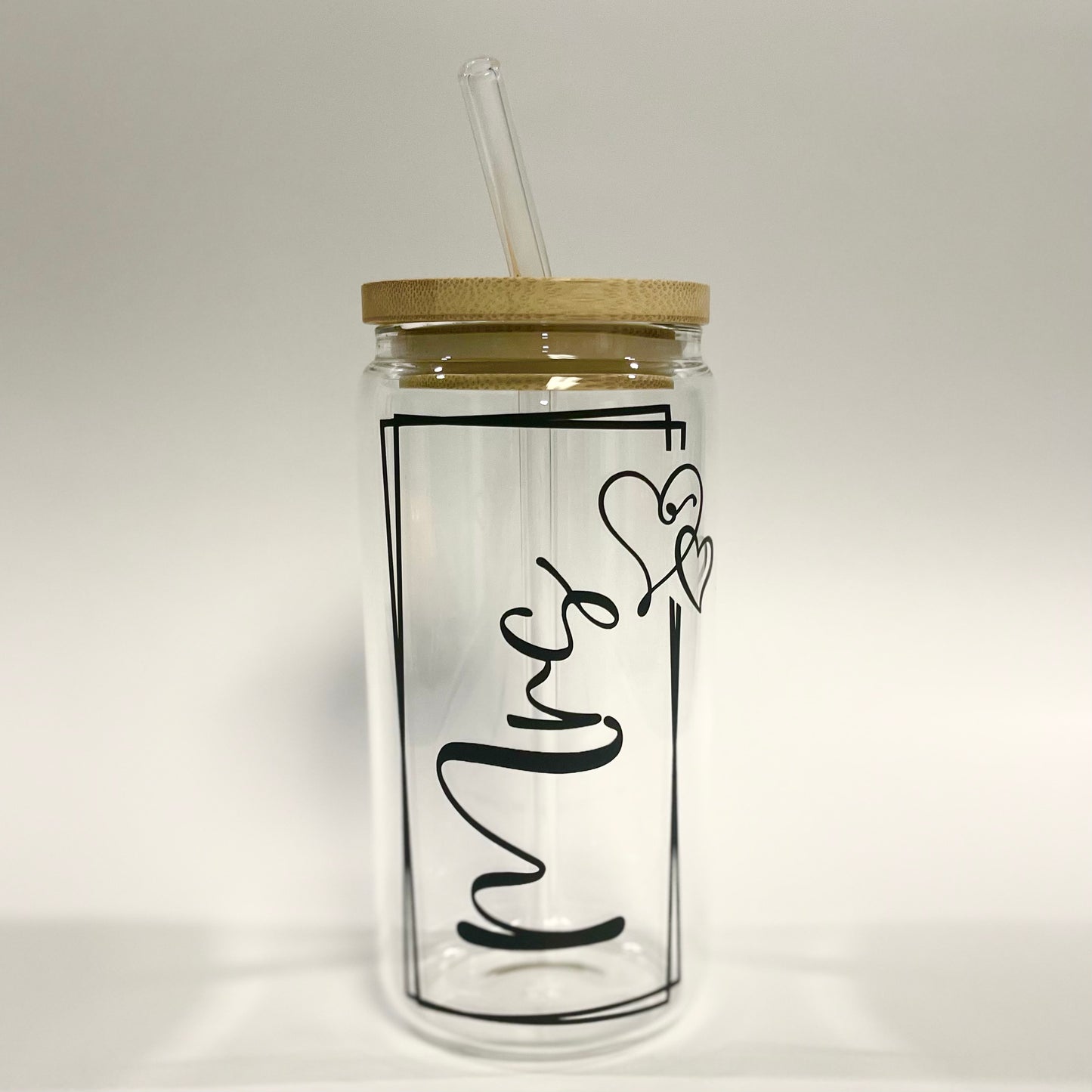 Mr & Mrs 16 oz Glass Tumbler, Bamboo Lid and Glass Straw