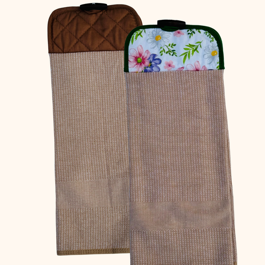 Hanging Kitchen Hand Towel with Button – Brown and Spring Floral – Absorbent Oven Door Towel