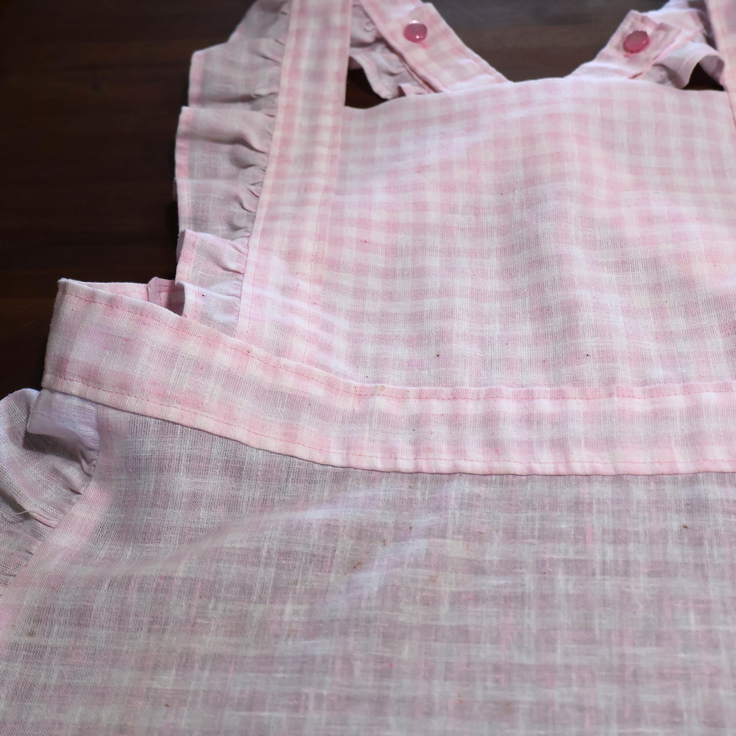 The Willow Ruffle Cross-Back Apron | Adjustable Linen Apron | Feminine Blush Checkered Cottage Apron
