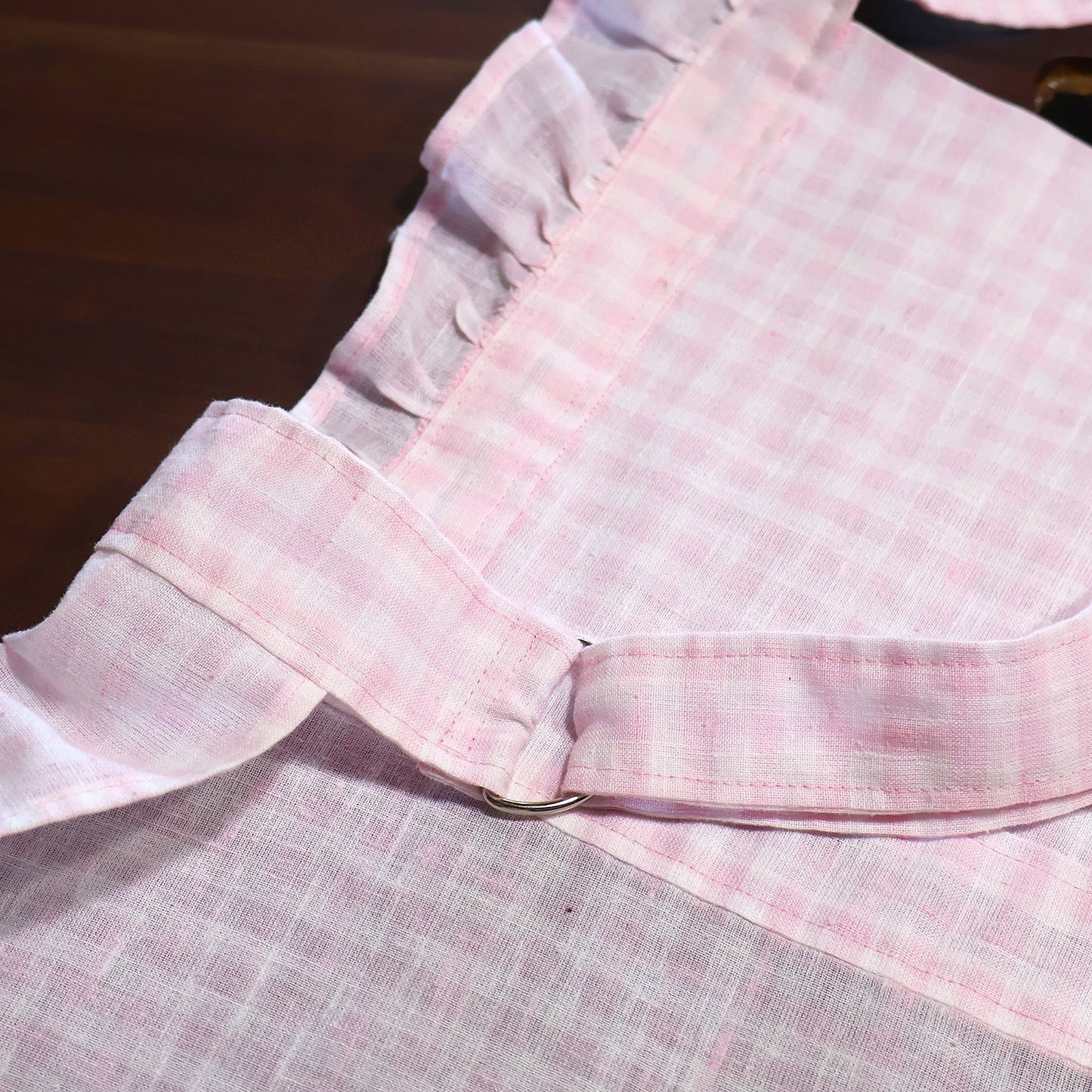 The Willow Ruffle Cross-Back Apron | Adjustable Linen Apron | Feminine Blush Checkered Cottage Apron