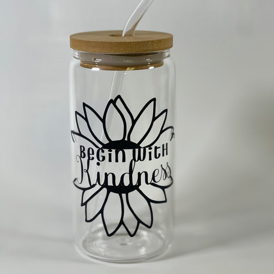 Begin With Kindness 16 oz Glass Tumbler, Iced Coffee Tumbler with Bamboo Lid