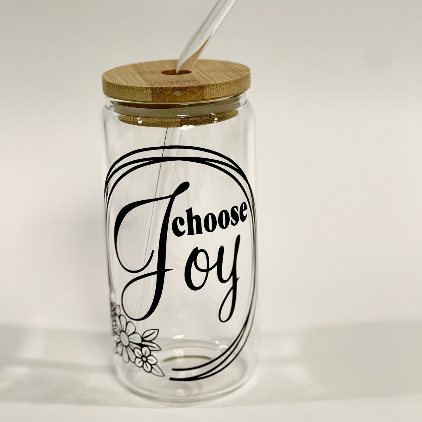 16 oz Glass Tumbler Choose Joy Inspiration with Bamboo Lid and Glass Straw