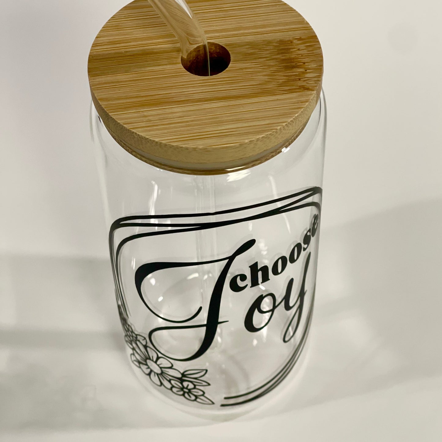 16 oz Glass Tumbler Choose Joy Inspiration with Bamboo Lid and Glass Straw